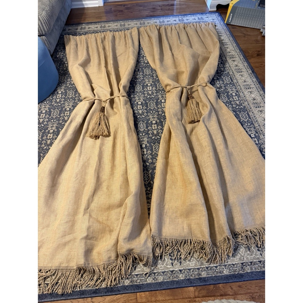 Ballard Designs Fringed Burlap Drapes Neutral Jute 54x 108 With Tie-backs Lined